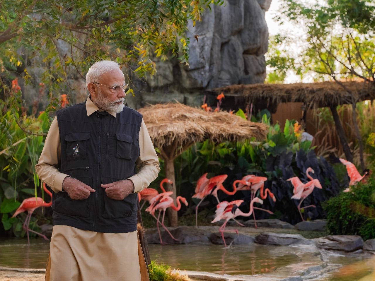 Narendra Modi near a flamingo enclosure